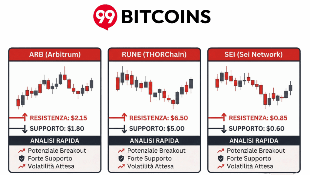 Infografica con titolo "Cripto Watchlist: Focus della Settimana" che mostra i loghi stilizzati in rosso e grigio di ARB (Arbitrum), RUNE (THORChain) a forma di fulmine e SEI (Sei Network).