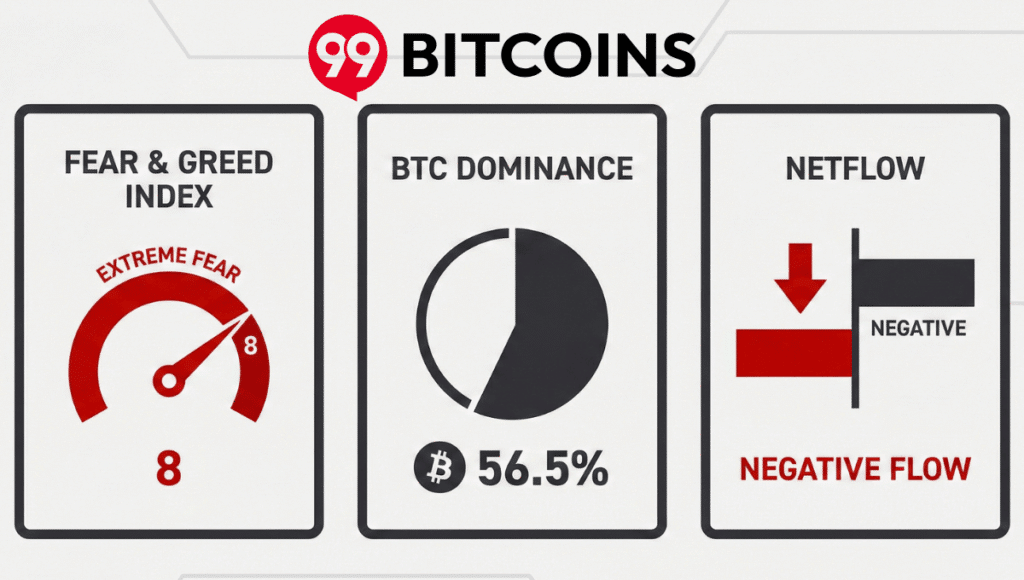 Dashboard crypto vettoriale: Fear & Greed a 8, BTC dominance 56,5% e grafico netflow negativo in rosso e grigio.