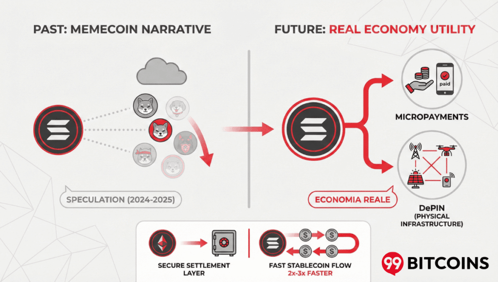 Infografica confronto Solana: narrativa memecoin passata vs futura utilità economia reale, DePIN e micropagamenti veloci.