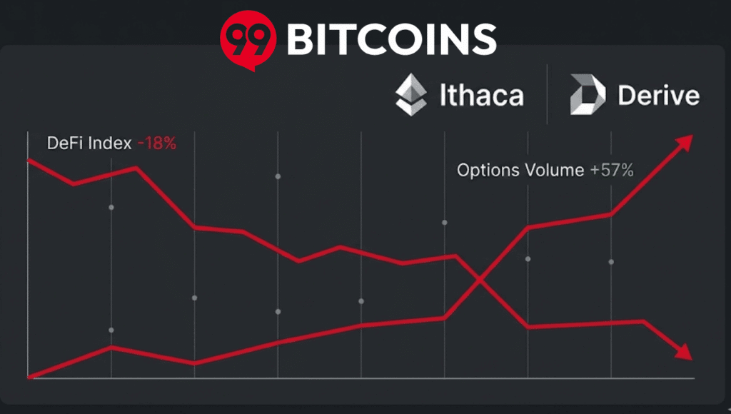 Dashboard di trading con un grafico a doppia linea: la linea rossa dell'indice DeFi scende del 18%, mentre la linea rossa del volume delle opzioni sale del 57%. I loghi di Ithaca e Derive sono visibili in alto a destra.