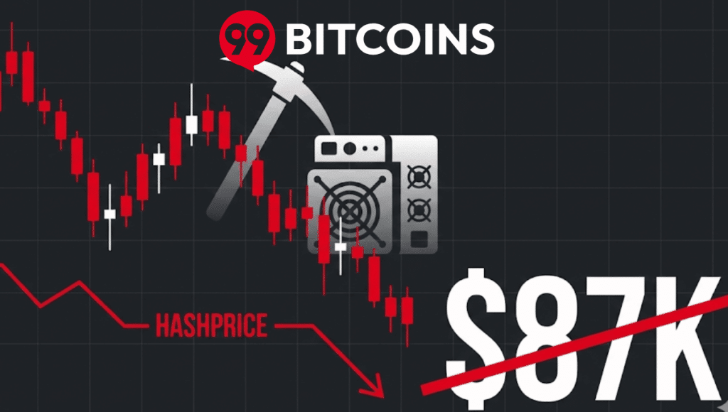 Dashboard di analisi on-chain scura con un grafico a candele rosso per Bitcoin, icone di mining (piccone e ASIC), un indicatore Hashprice in calo e la cifra "$87K" barrata.