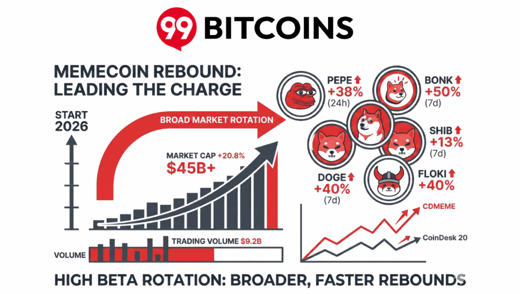 Infografica: rimbalzo memecoin 2026 con crescita market cap, volume e performance di PEPE, BONK, DOGE, SHIB e FLOKI.