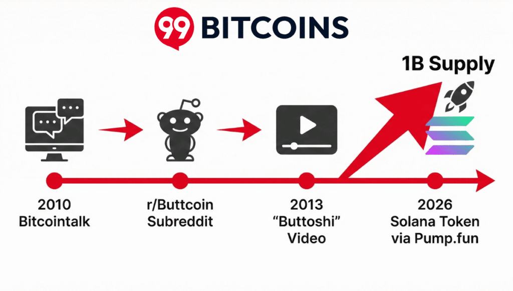 Infografica della timeline di Buttcoin che mostra le tappe fondamentali: dal 2010 su Bitcointalk e il subreddit r/Buttcoin, fino al lancio del token Solana nel 2026.
