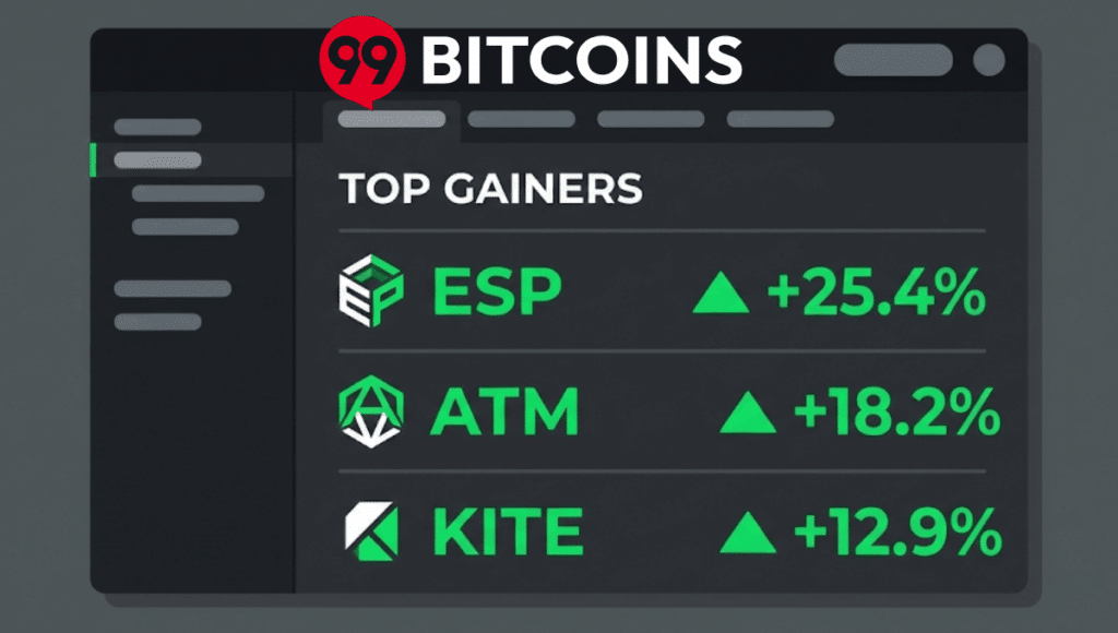 Illustrazione vettoriale piatta di una dashboard di trading scura che mostra i "Top Gainers" ESP, ATM e KITE con frecce e percentuali verdi.
