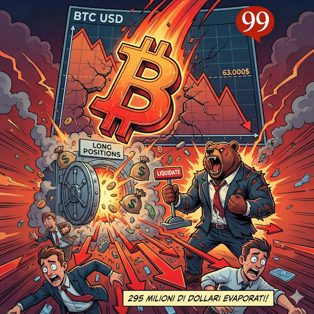BTC USD scivola a 63.000$: liquidati 295 milioni di dollari in posizioni long