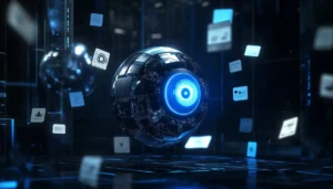 中央に青く光る球体が浮かぶサイバーパンクな3D空間。