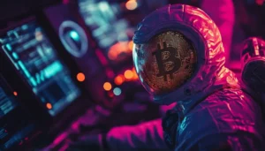 宇宙服を着た人物のバイザーにビットコインのロゴが反射して映っている未来的なイメージ。