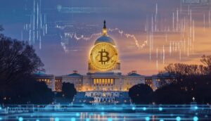 サークル社のUSDCコインと米国議会議事堂を組み合わせた画像