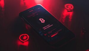 スマートフォンに表示された偽の求人情報と仮想通貨のシンボル