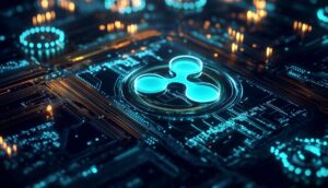 コンピュータ基盤の上に浮遊するリップルのシンボル