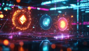 2025年期待の仮想通貨3銘柄を表現したデジタルアート