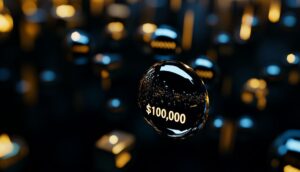 ビットコインのロゴと100,000ドルの価格表示を組み合わせた洗練されたデザイン