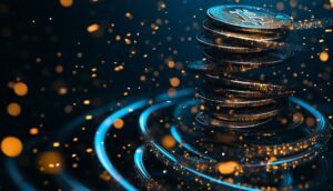 TRONのロゴとUSDDステーブルコインのシンボル、20%の利回り表示を組み合わせた未来的なイメージ