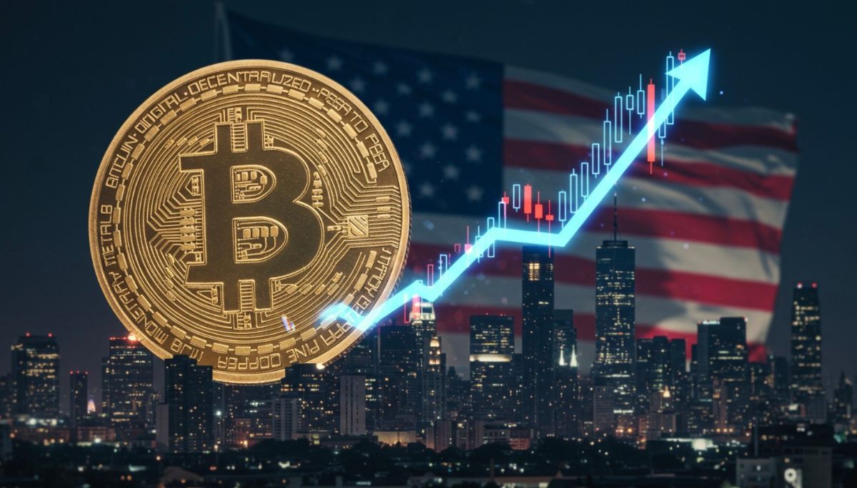 上昇するビットコイン価格チャートとアメリカの国旗を背景にした金融街のイメージ