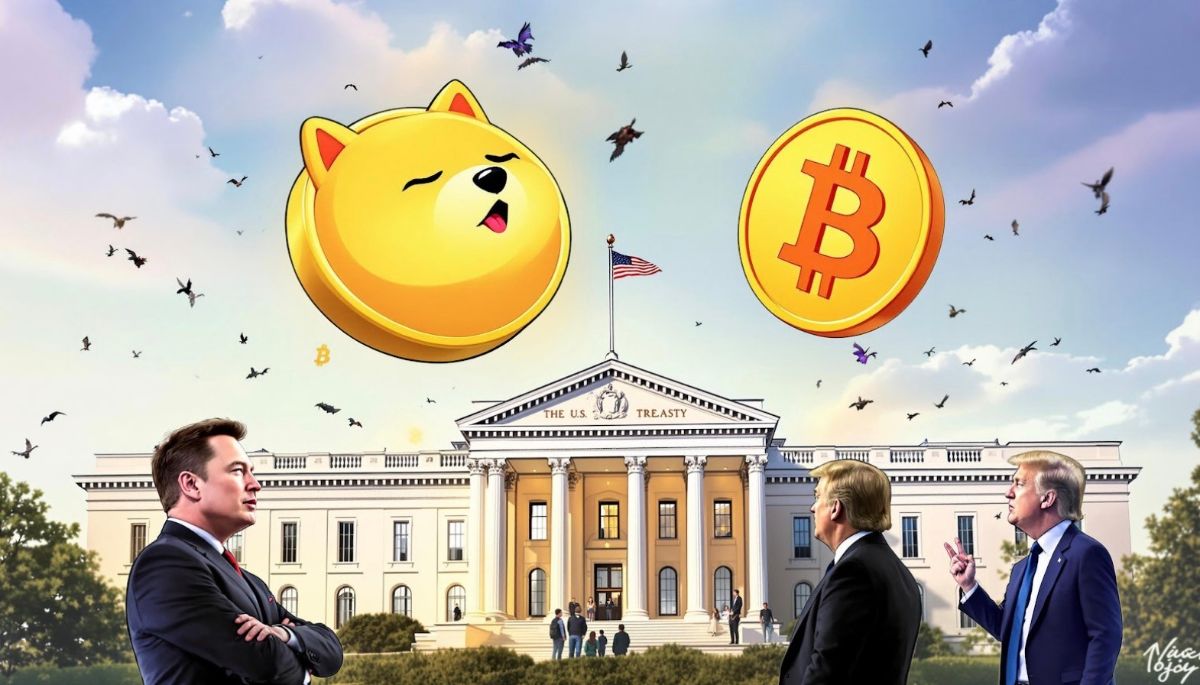DOGEコインとビットコインのシンボルが描かれた政府政策のイメージ図
