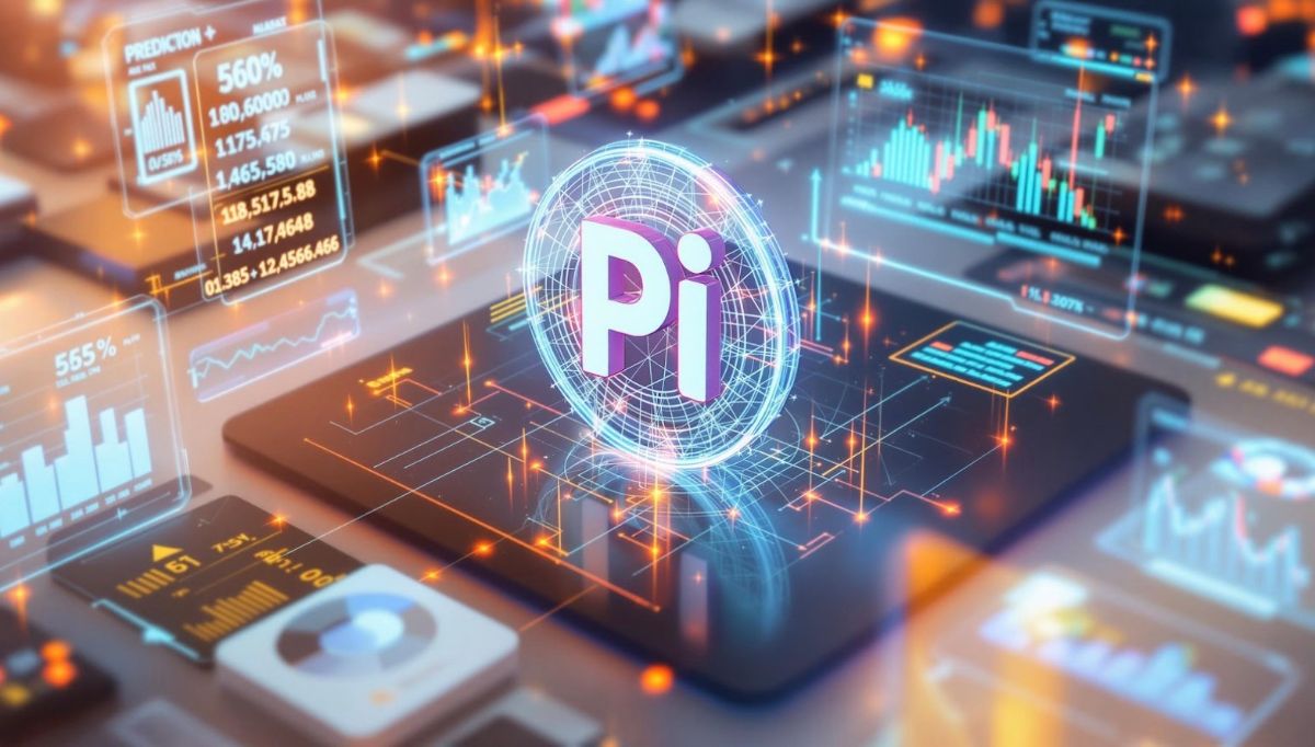 Pi NetworkのロゴとAIによる価格予測チャートを示す未来的なビジュアル