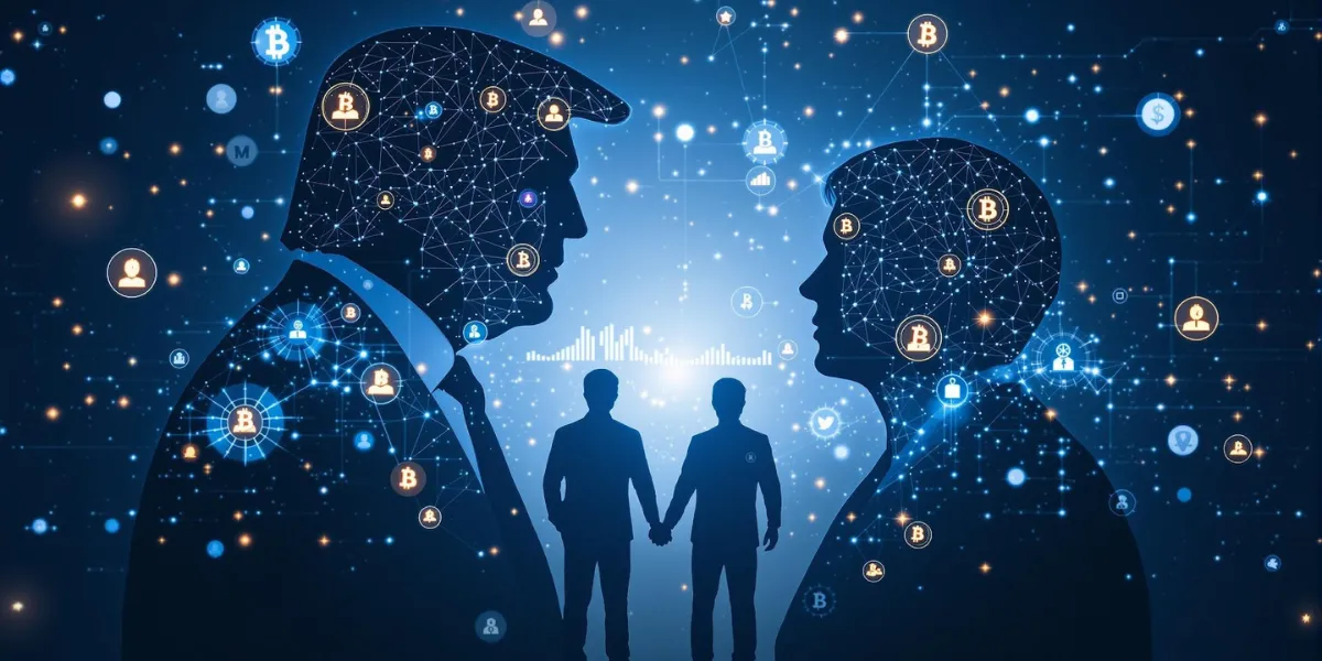 トランプ一族のDeFiプロジェクトと仮想通貨取引を表現する未来的なデザイン
