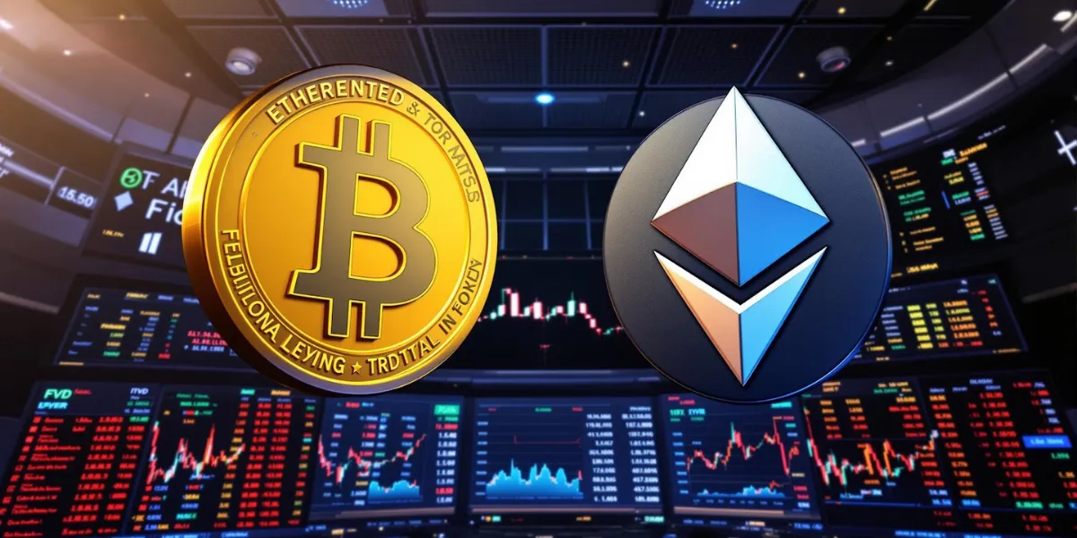 ビットコインとイーサリアムのロゴが浮かぶ取引所の様子