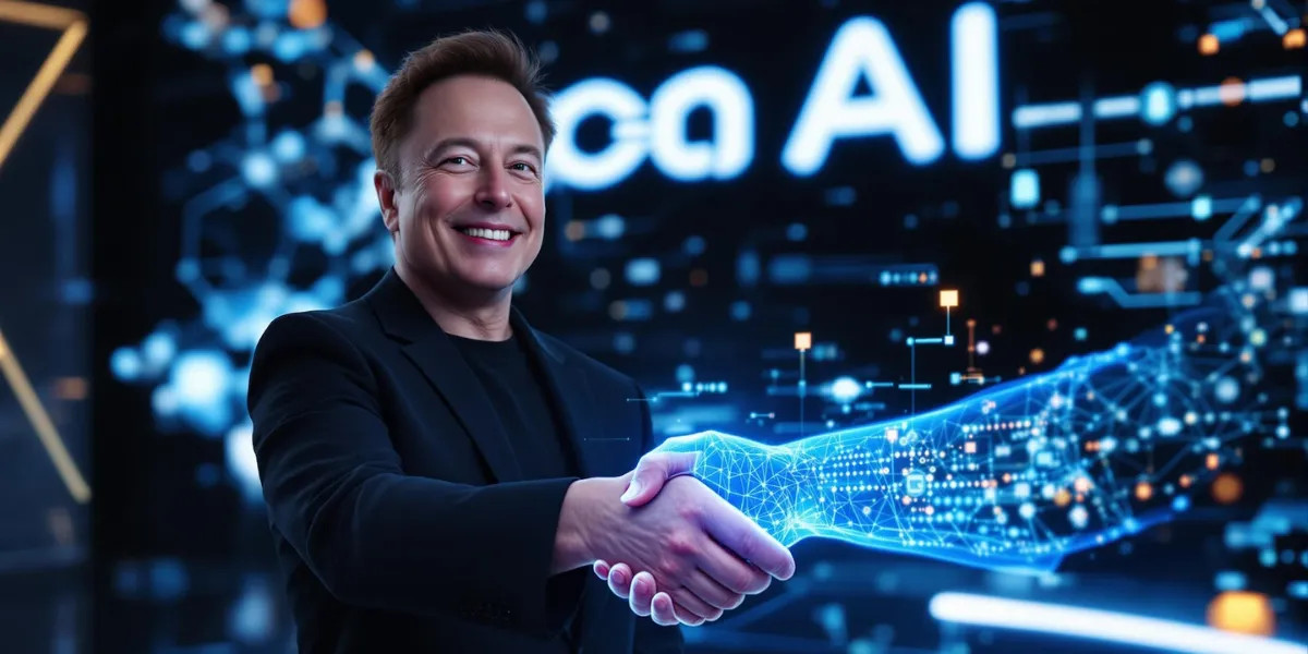 イーロン・マスク氏とOpenAIのロゴ、AIビジネスを象徴する未来的な背景