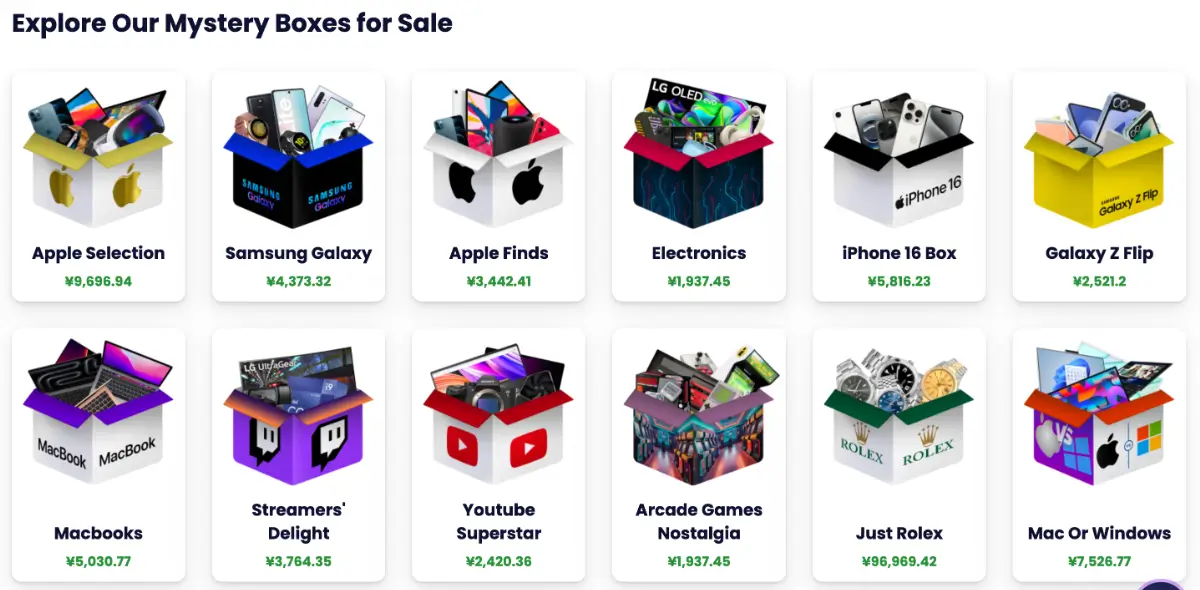 「Explore Our Mystery Boxes for Sale」というタイトルの下に、様々なブランドの製品を詰め込んだミステリーボックスが12個並んでいる。