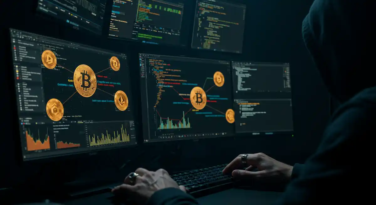 ハッキングによって盗まれた仮想通貨の追跡困難な移動を示す概念図