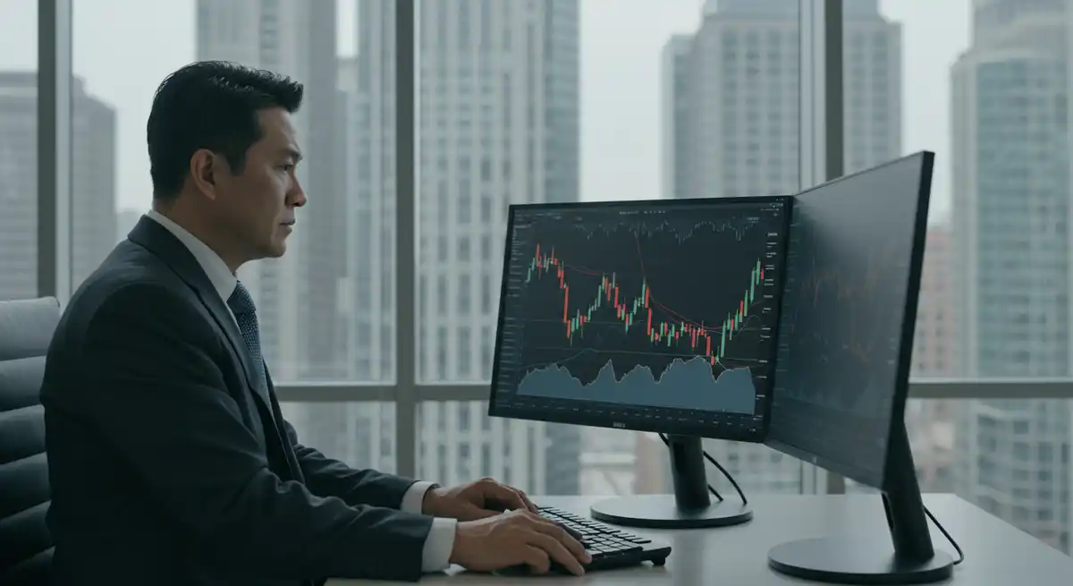 機関投資家が仮想通貨の分析チャートを見ている様子