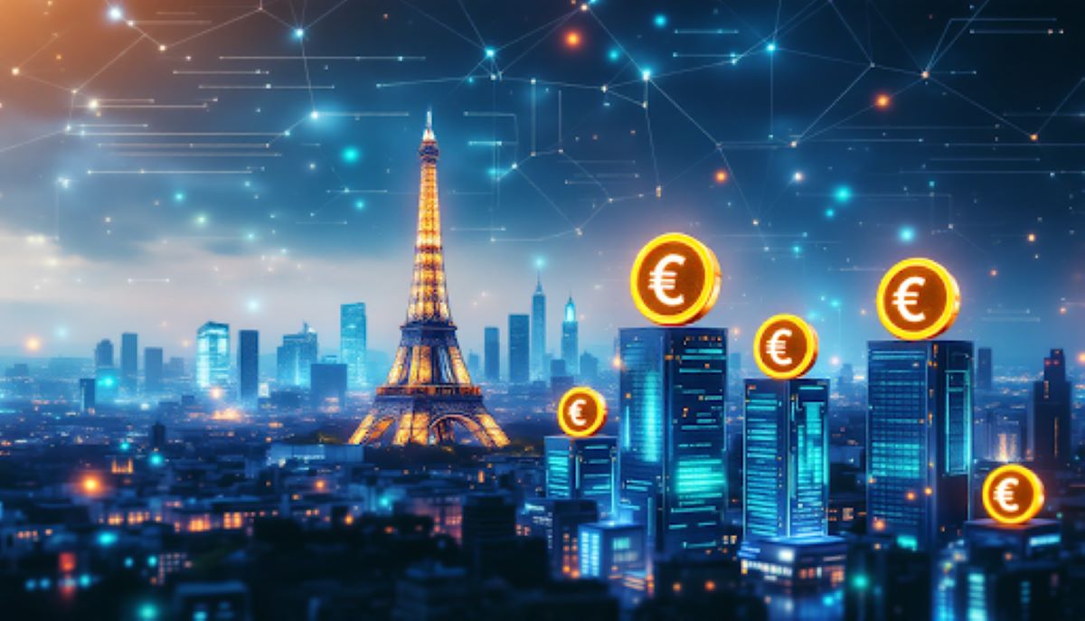フランス国有銀行と仮想通貨シンボルを組み合わせたイメージ