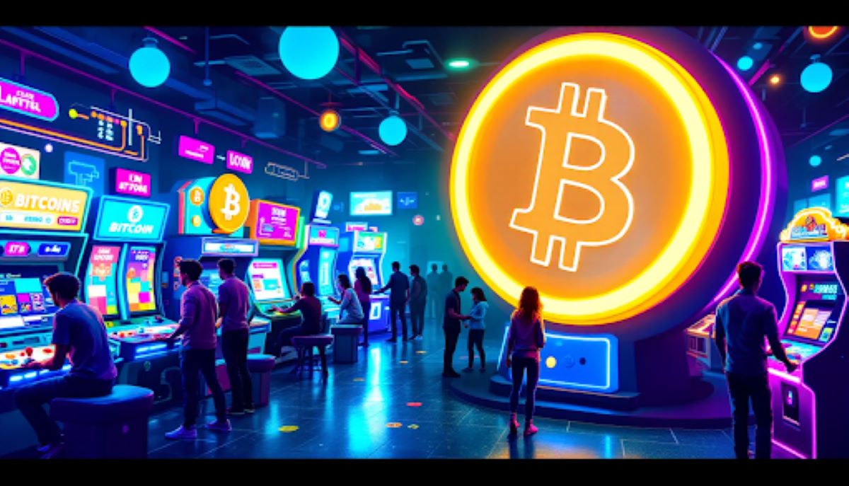 GameStopの店舗外観とビットコインのロゴが表示された画面