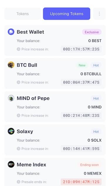 ミームコイン-best walletのUpcoming Tokensタブの利用方法