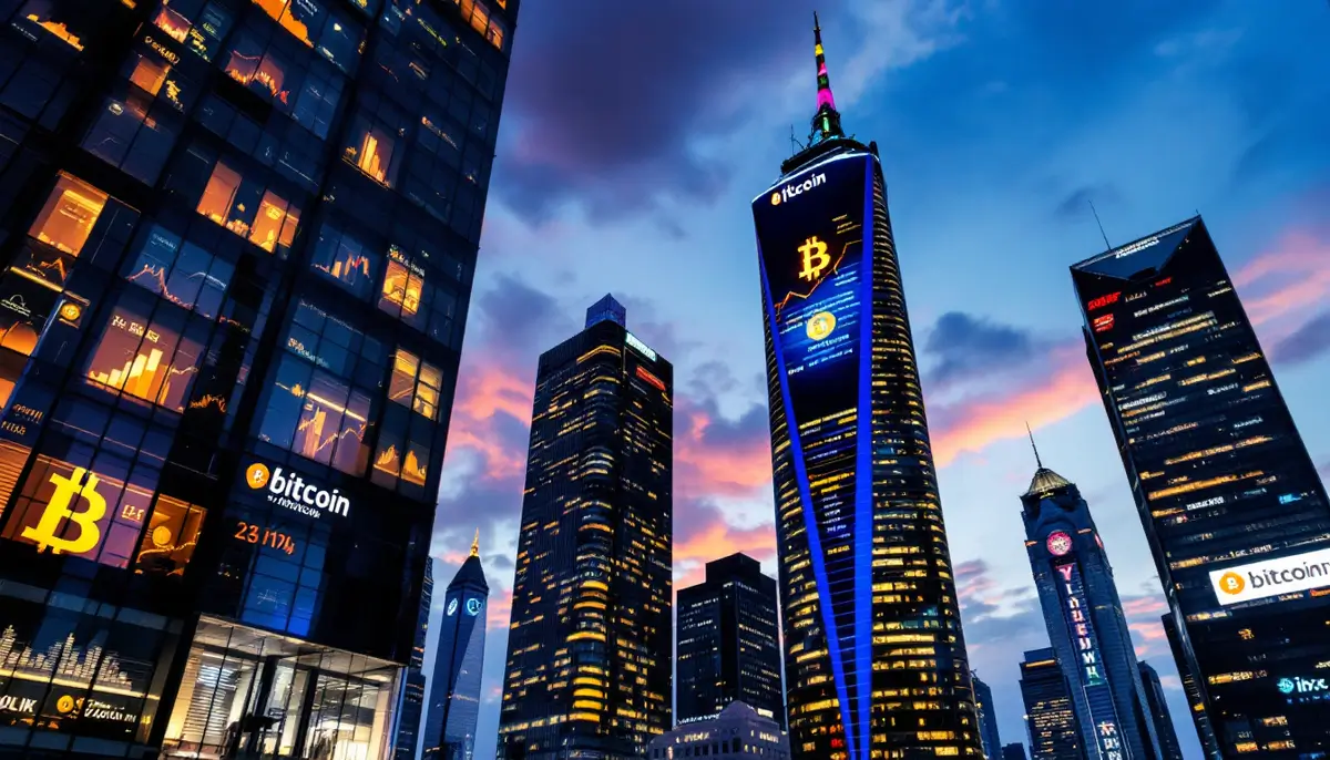 欧州の金融街でビットコインのロゴが表示された取引画面