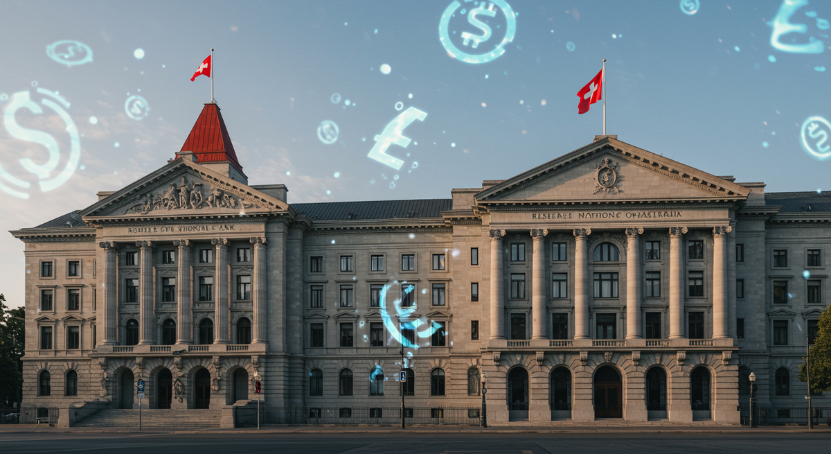 スイスとオーストラリアの中央銀行の建物と仮想通貨シンボル