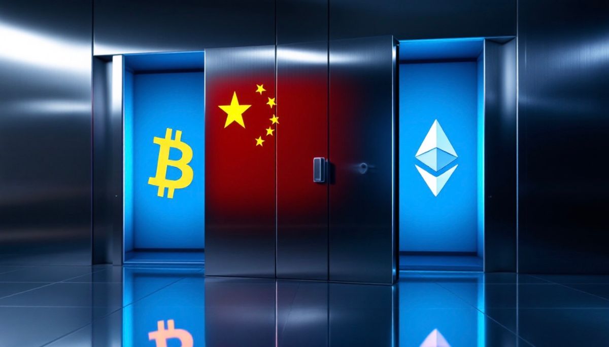 中国国旗をバックにデジタル保管庫に収められたビットコインとイーサリアムのアイコン