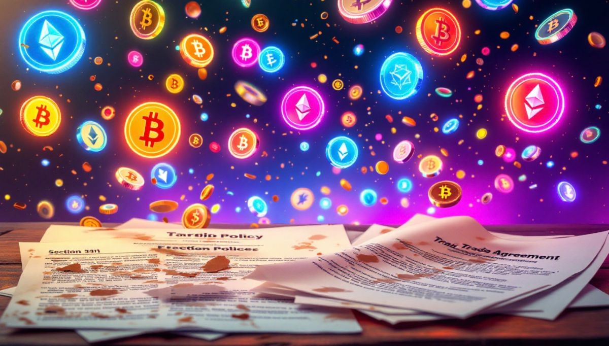 関税政策の影響で下落する仮想通貨のコインのイラスト