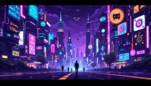 上昇するチャートを背景にCryptoPunkのピクセルアートが展示されるデジタルギャラリー
