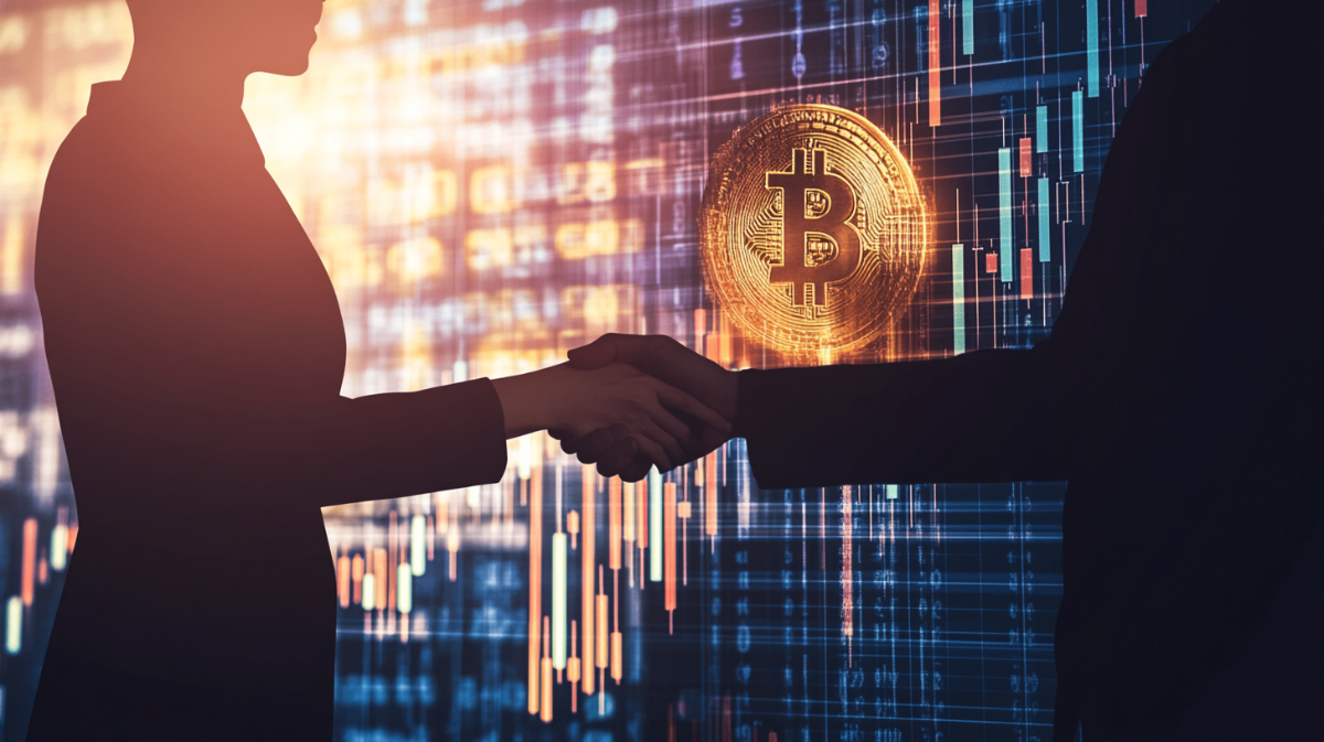仮想通貨企業の会議室とビットコインのロゴ、上昇する株価チャート