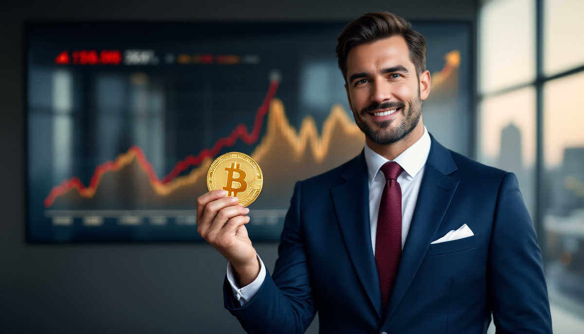スーツ姿のビジネスマンが金色のビットコインを持ち、背景には上昇する市場チャート