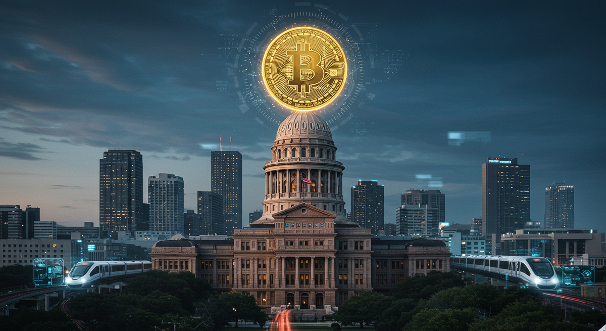 テキサス州議会議事堂とビットコインのロゴ