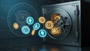 トランプ大統領の暗号資産戦略リザーブ構想を示す仮想通貨保管庫のイメージ