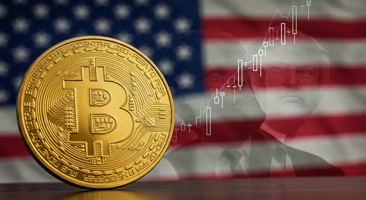 米国旗とビットコイン、背景に上昇する仮想通貨チャート