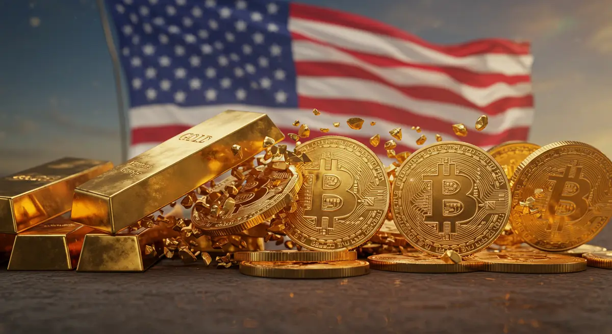 米国旗を背景に金塊がビットコインに変化する様子