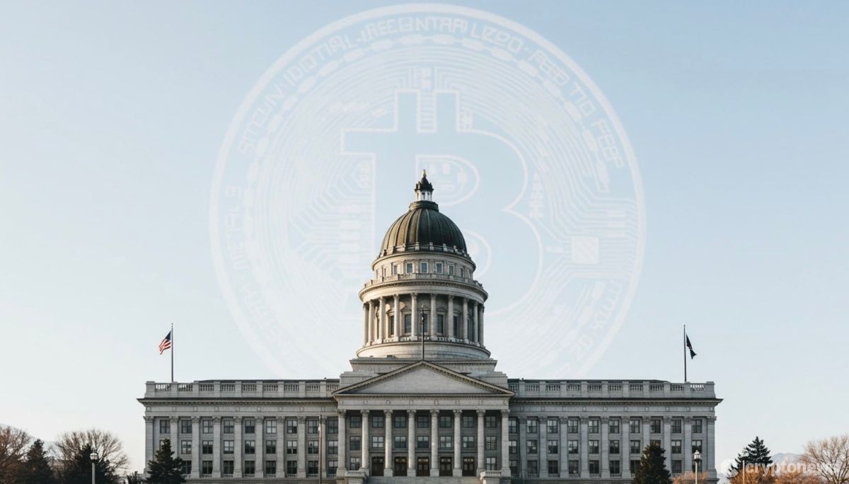 ユタ州議会議事堂とその背景に薄く表示されたビットコインのシンボル