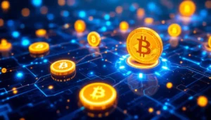 ビットコインステーキングの概念図、積み上げられたビットコインと未来的なブロックチェーンプラットフォーム