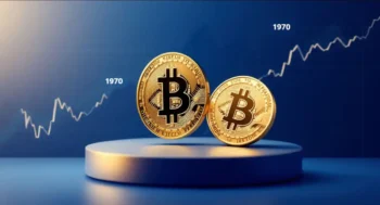 インフレチャートを背景にしたビットコインと金塊の図