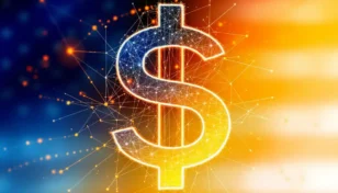 米ドル記号とブロックチェーンが絡み合う、政治的背景を持つステーブルコインプロジェクトのイメージ。