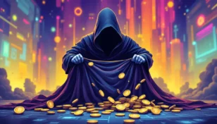 デジタルの仮想通貨が置かれた絨毯を、影のある人物が引き抜いている様子のイラスト