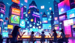 仮想通貨トークンに囲まれたAIがデジタルコンテンツを作成する未来的な風景