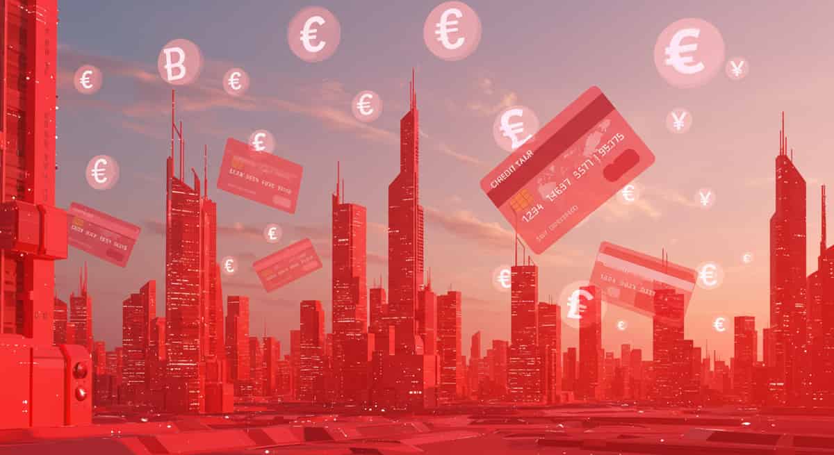 仮想通貨とクレジットカードとビル群