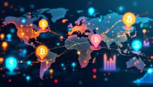 XRPの価格上昇を表すデジタルチャートと金融都市の背景