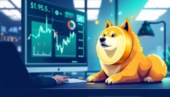 ビジネススーツを着たドージコインのマスコット柴犬が取引所の画面を見ている様子