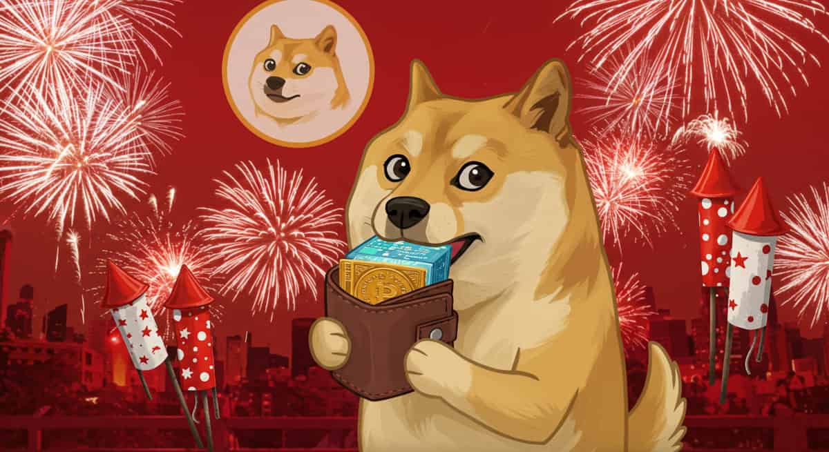 Dogecoinと財布を持つ柴犬